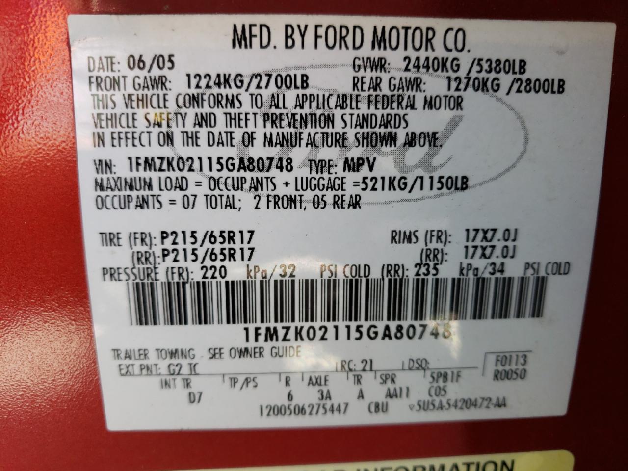Photo 10 from auction – 2005 FORD FREESTYLE with VIN 1FMZK02115GA80748