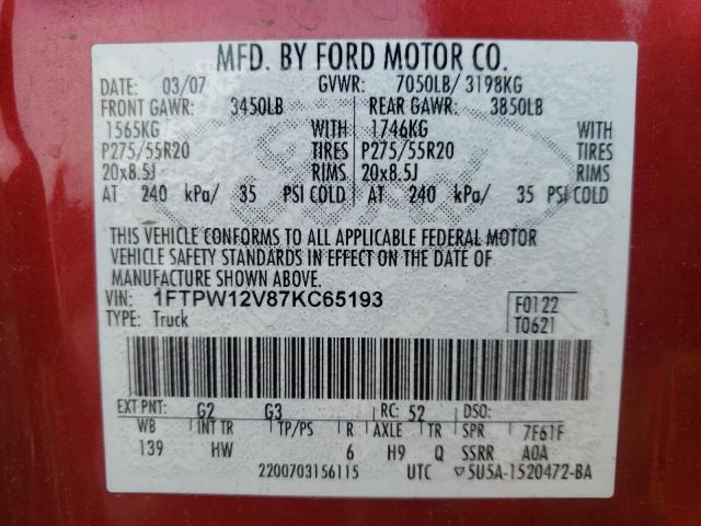 Photo 10 from auction – 2007 FORD F150 SUPER with VIN 1FTPW12V87KC65193