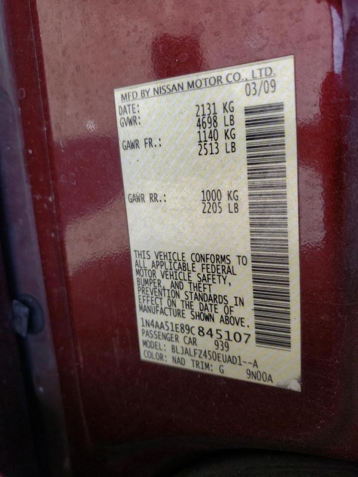 Photo 10 from auction – 2009 NISSAN MAXIMA S with VIN 1N4AA51E89C845107