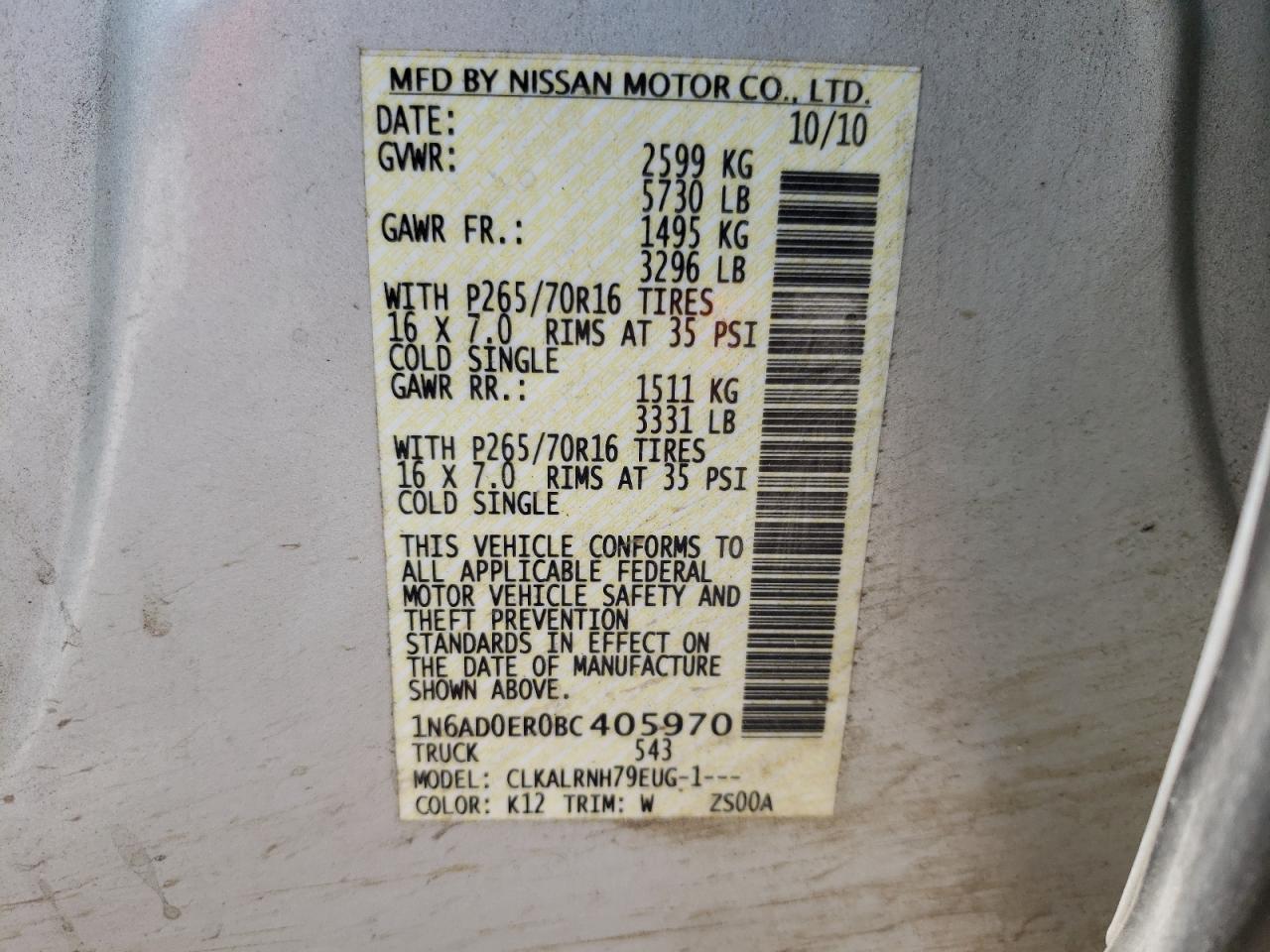 Photo 10 from auction – 2011 NISSAN FRONTIER S with VIN 1N6AD0ER0BC405970