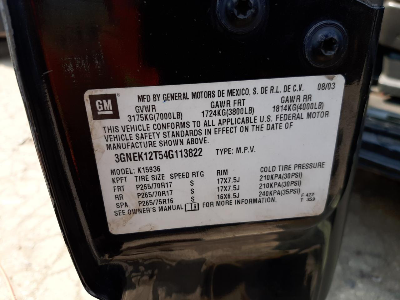 Photo 10 from auction – 2004 CHEVROLET AVALANCHE with VIN 3GNEK12T54G113822