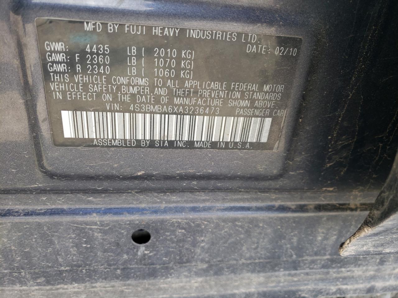 Photo 10 from auction – 2010 SUBARU LEGACY 2.5 with VIN 4S3BMBA6XA3236473