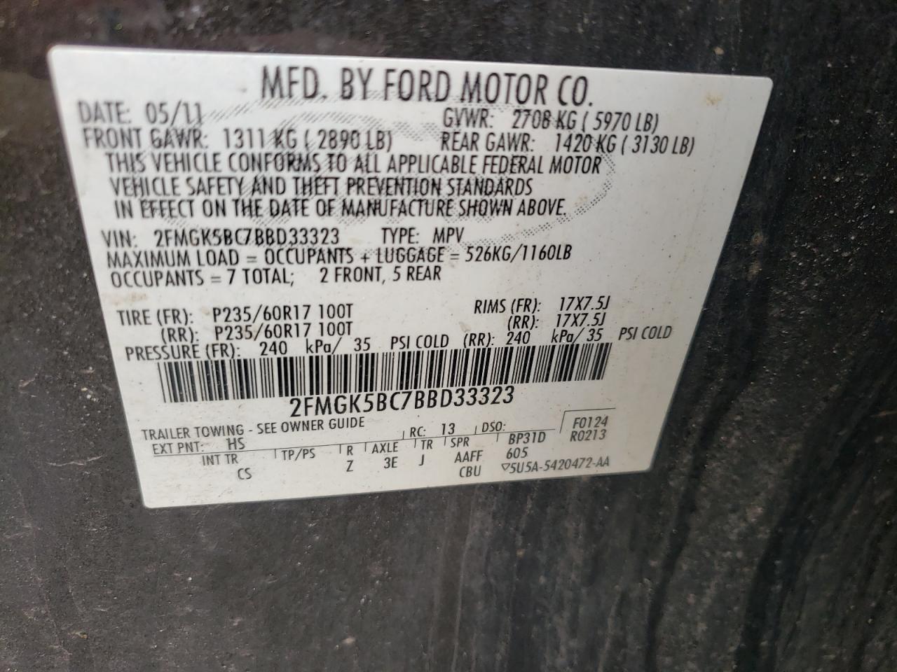 Photo 10 from auction – 2011 FORD FLEX SE with VIN 2FMGK5BC7BBD33323
