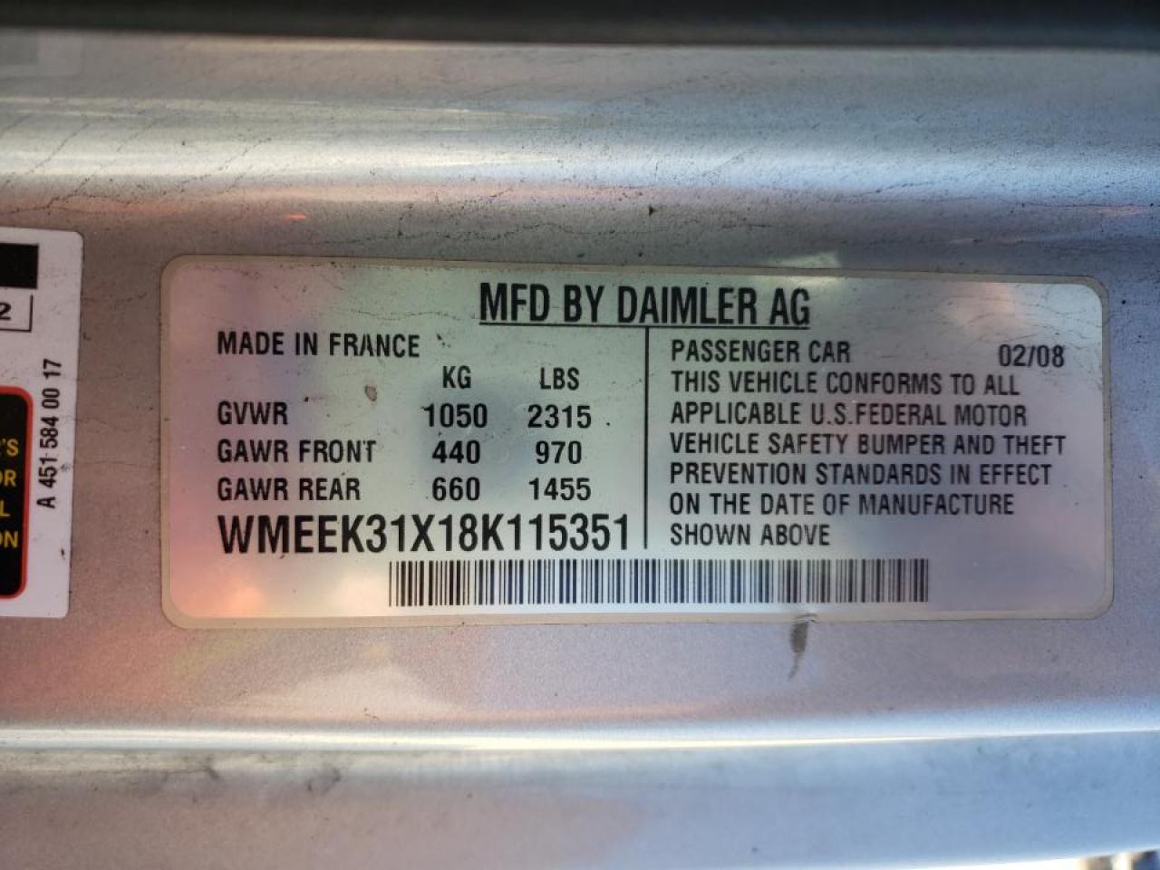 Photo 10 from auction – 2008 SMART FORTWO PAS with VIN WMEEK31X18K115351