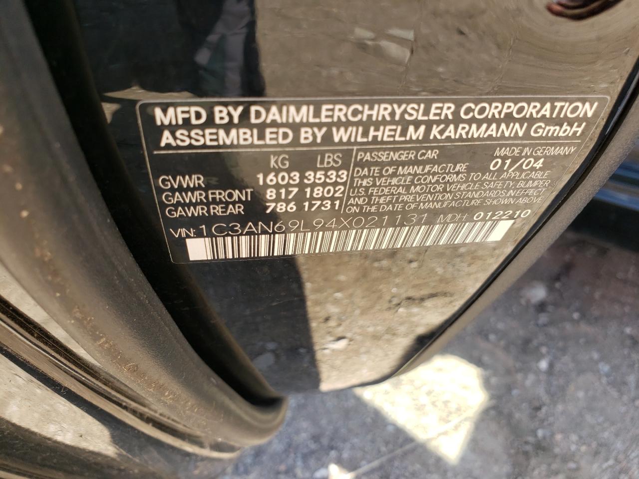 Photo 10 from auction – 2004 CHRYSLER CROSSFIRE with VIN 1C3AN69L94X021131