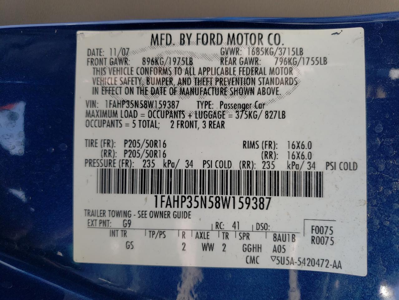 Photo 10 from auction – 2008 FORD FOCUS SE with VIN 1FAHP35N58W159387