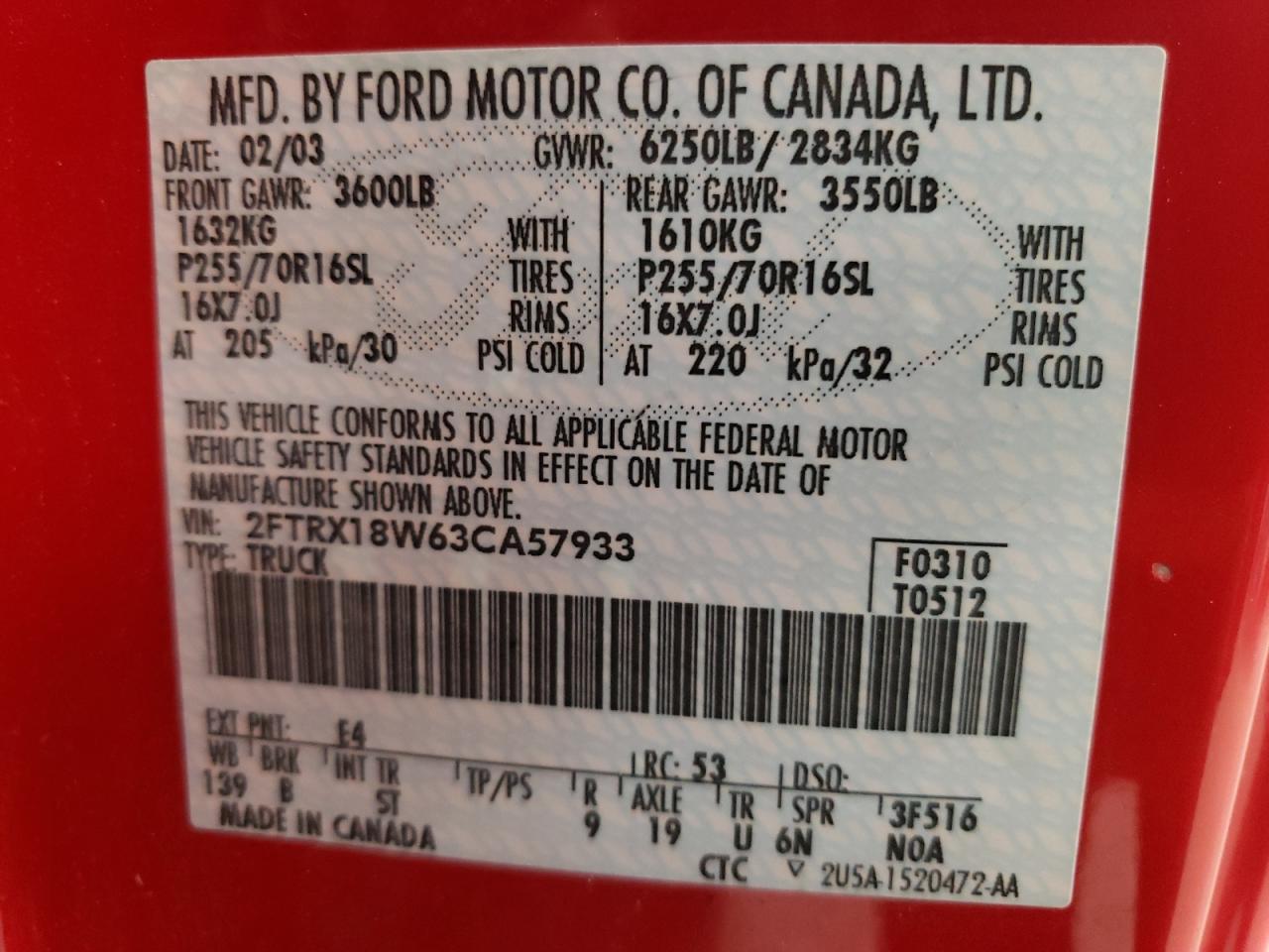 Photo 10 from auction – 2003 FORD F150 with VIN 2FTRX18W63CA57933