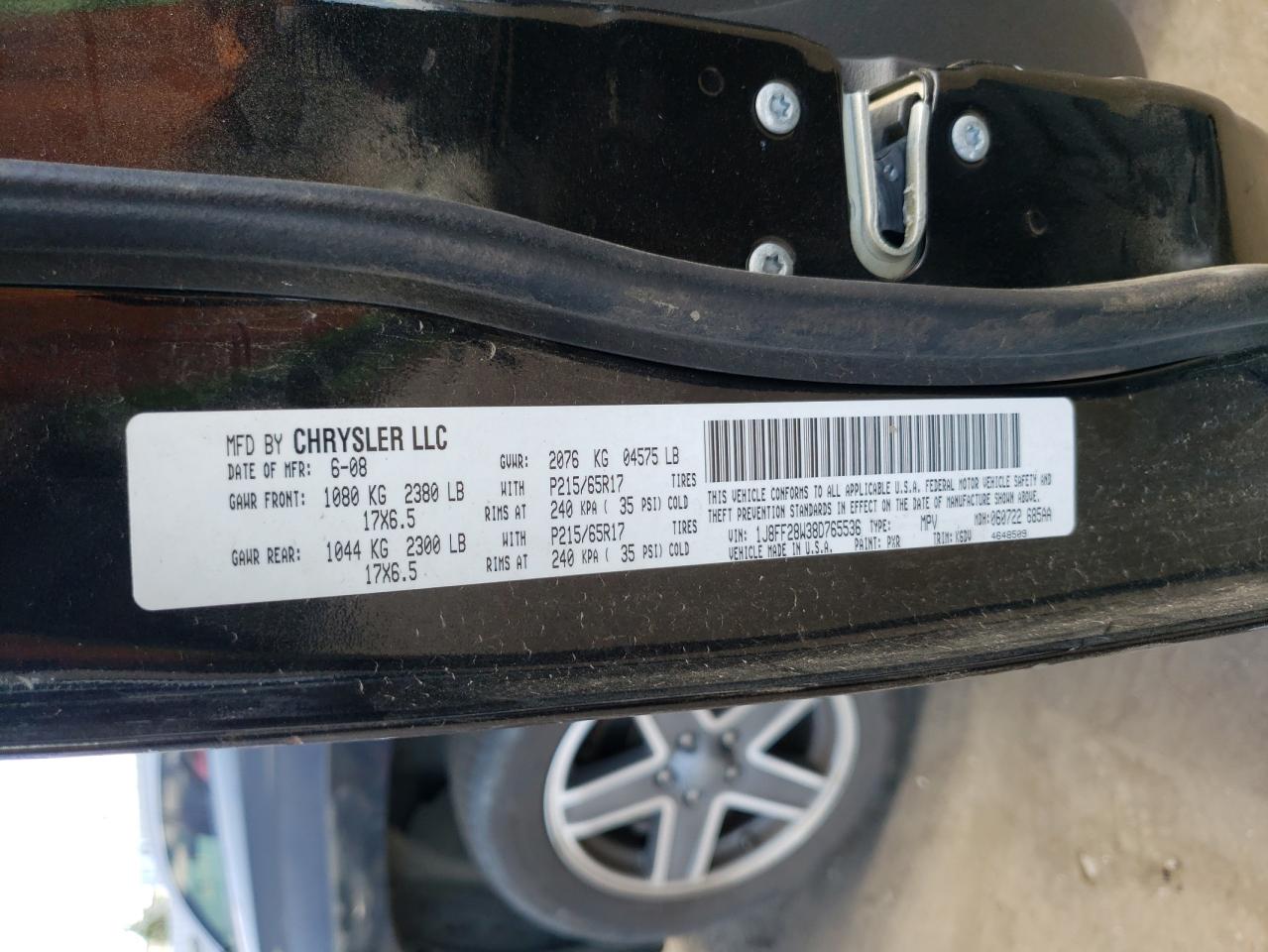 Photo 10 from auction – 2008 JEEP PATRIOT SP with VIN 1J8FF28W38D765536