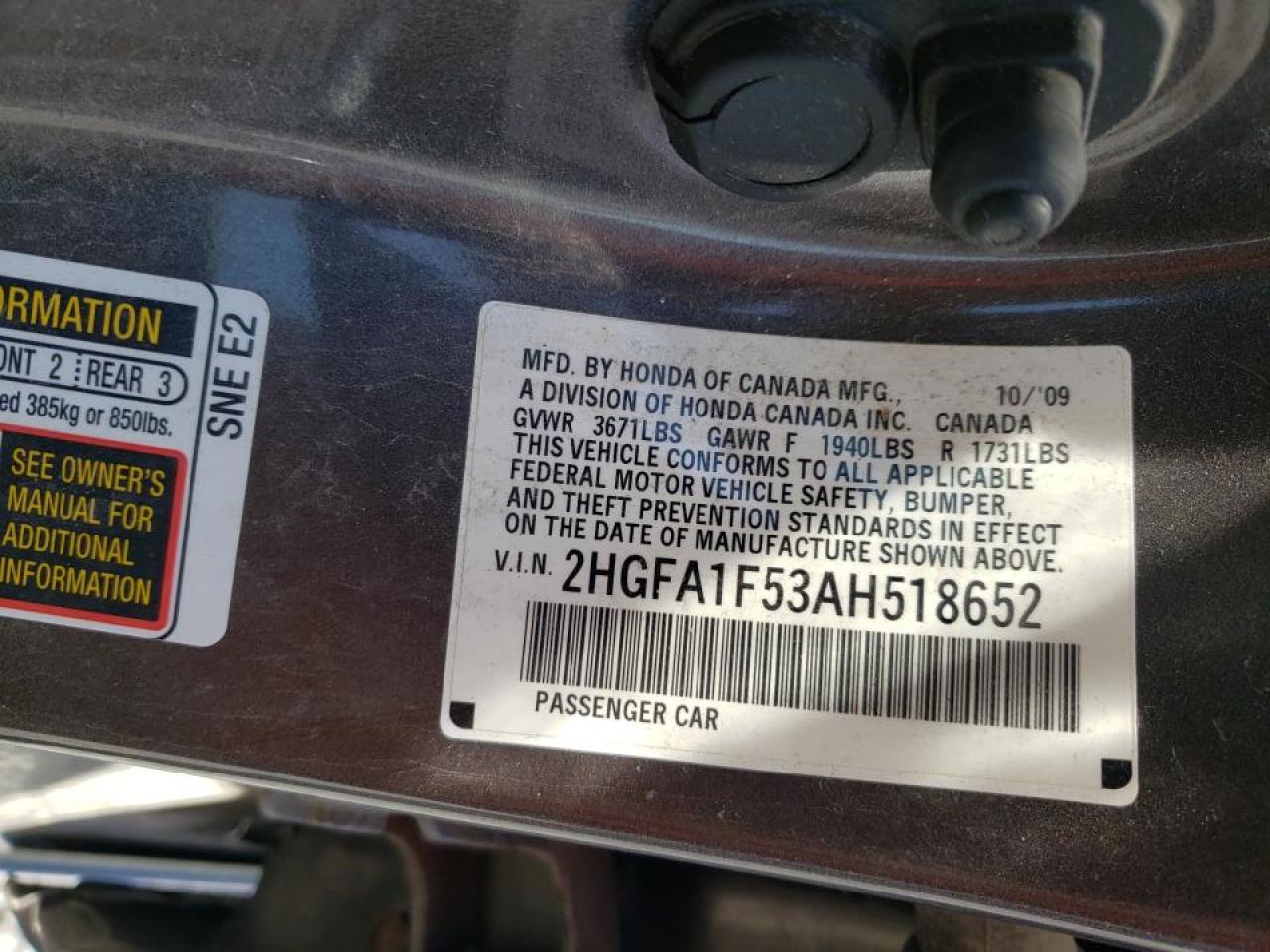 Photo 10 from auction – 2010 HONDA CIVIC LX with VIN 2HGFA1F53AH518652