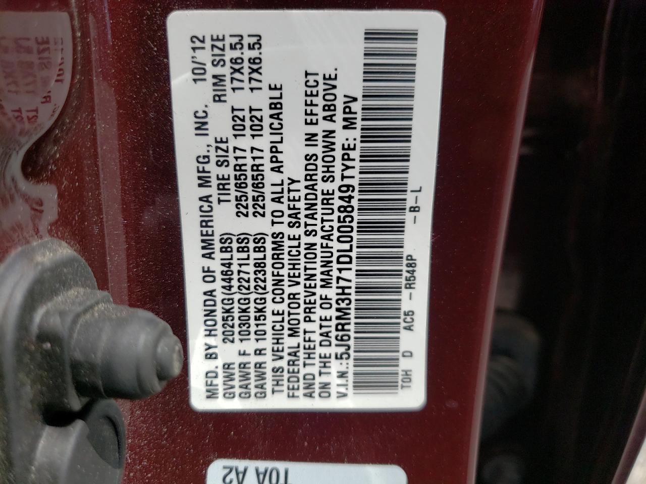 Photo 10 from auction – 2013 HONDA CR-V EXL with VIN 5J6RM3H71DL005849