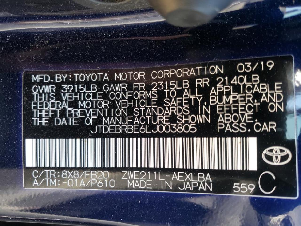 Photo 10 from auction – 2020 TOYOTA COROLLA LE with VIN JTDEBRBE6LJ003805