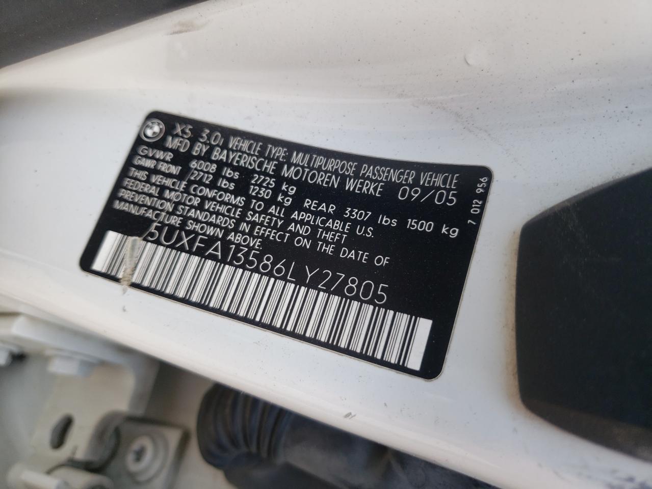 Photo 10 from auction – 2006 BMW X5 3.0I with VIN 5UXFA13586LY27805