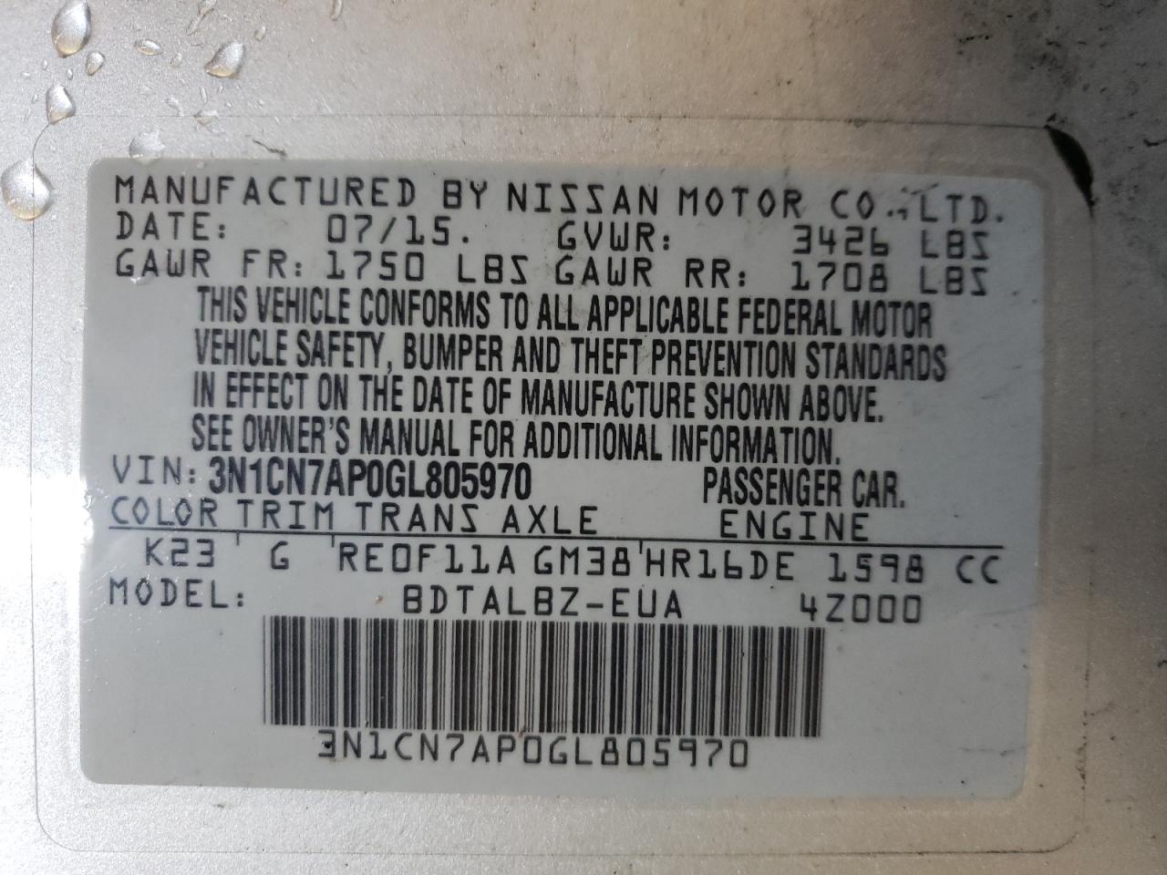 Photo 10 from auction – 2016 NISSAN VERSA S with VIN 3N1CN7AP0GL805970