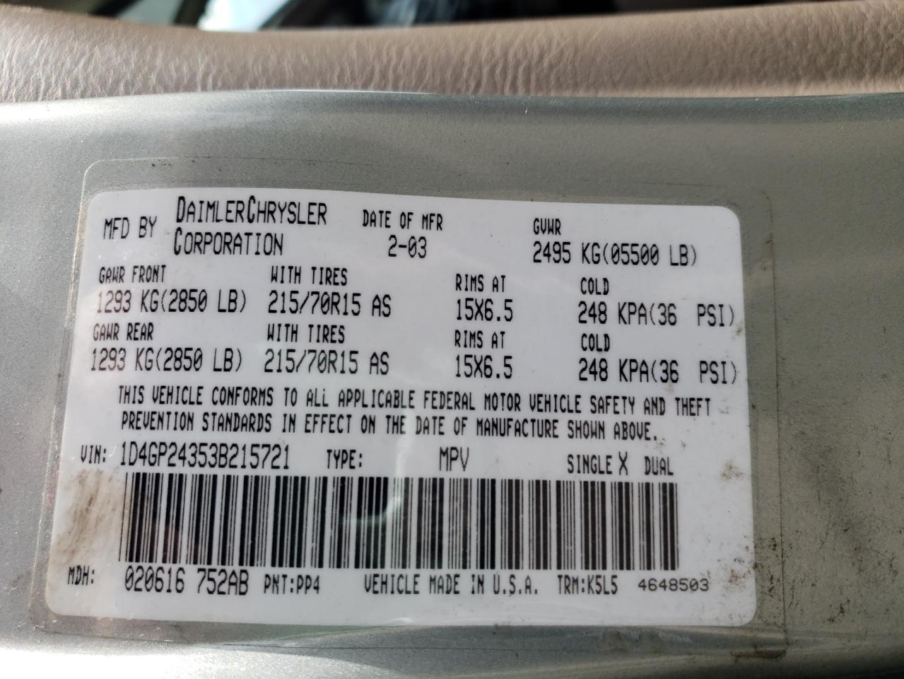Photo 10 from auction – 2003 DODGE GRAND CARA with VIN 1D4GP24353B215721