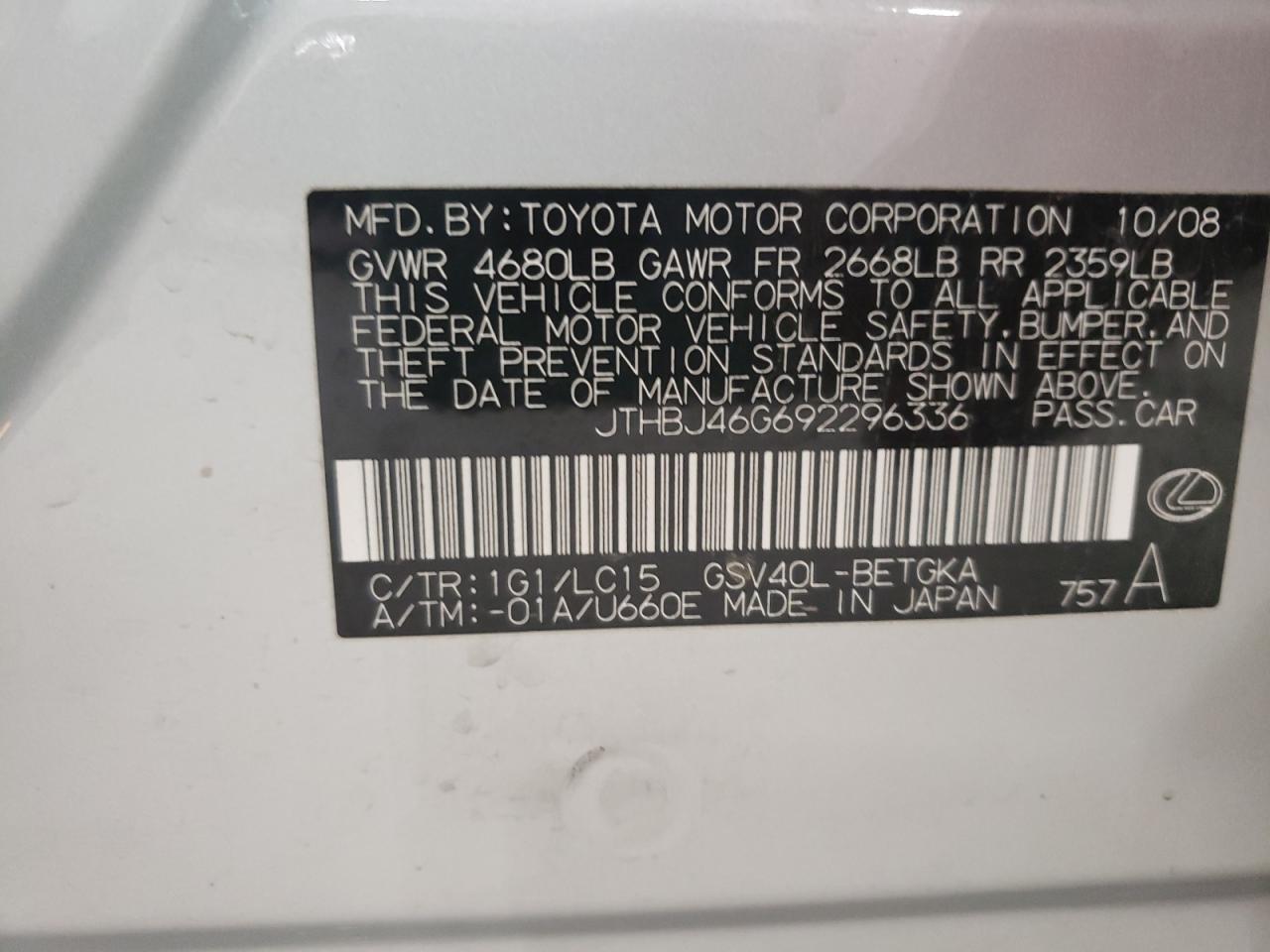 Photo 10 from auction – 2009 LEXUS ES 350 with VIN JTHBJ46G692296336