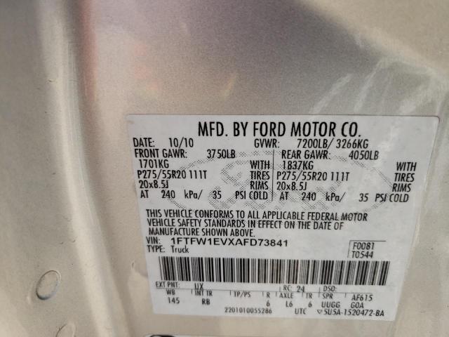 FORD F150 SUPER 2010 with VIN 1FTFW1EVXAFD73841 - Photo from auction