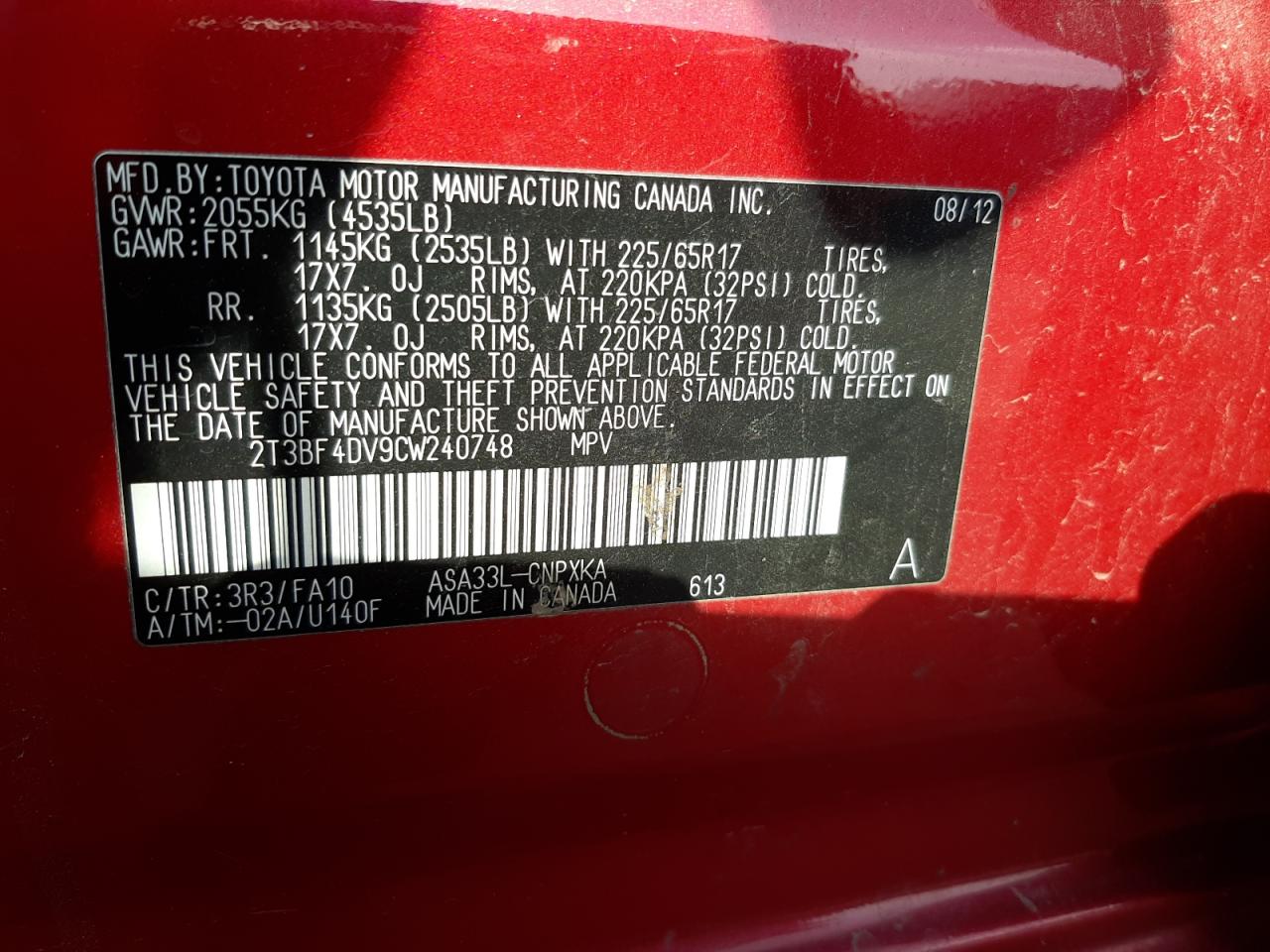 Photo 10 from auction – 2012 TOYOTA RAV4 with VIN 2T3BF4DV9CW240748