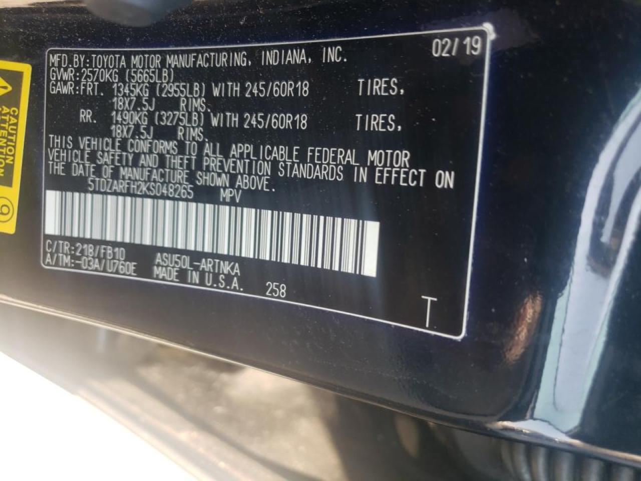 Photo 10 from auction – 2019 TOYOTA HIGHLANDER with VIN 5TDZARFH2KS048265