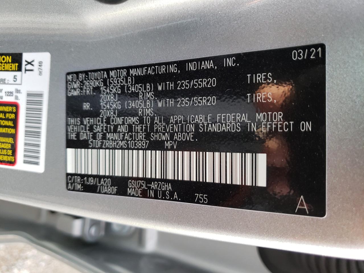 Photo 10 from auction – 2021 TOYOTA HIGHLANDER with VIN 5TDFZRBH2MS103897