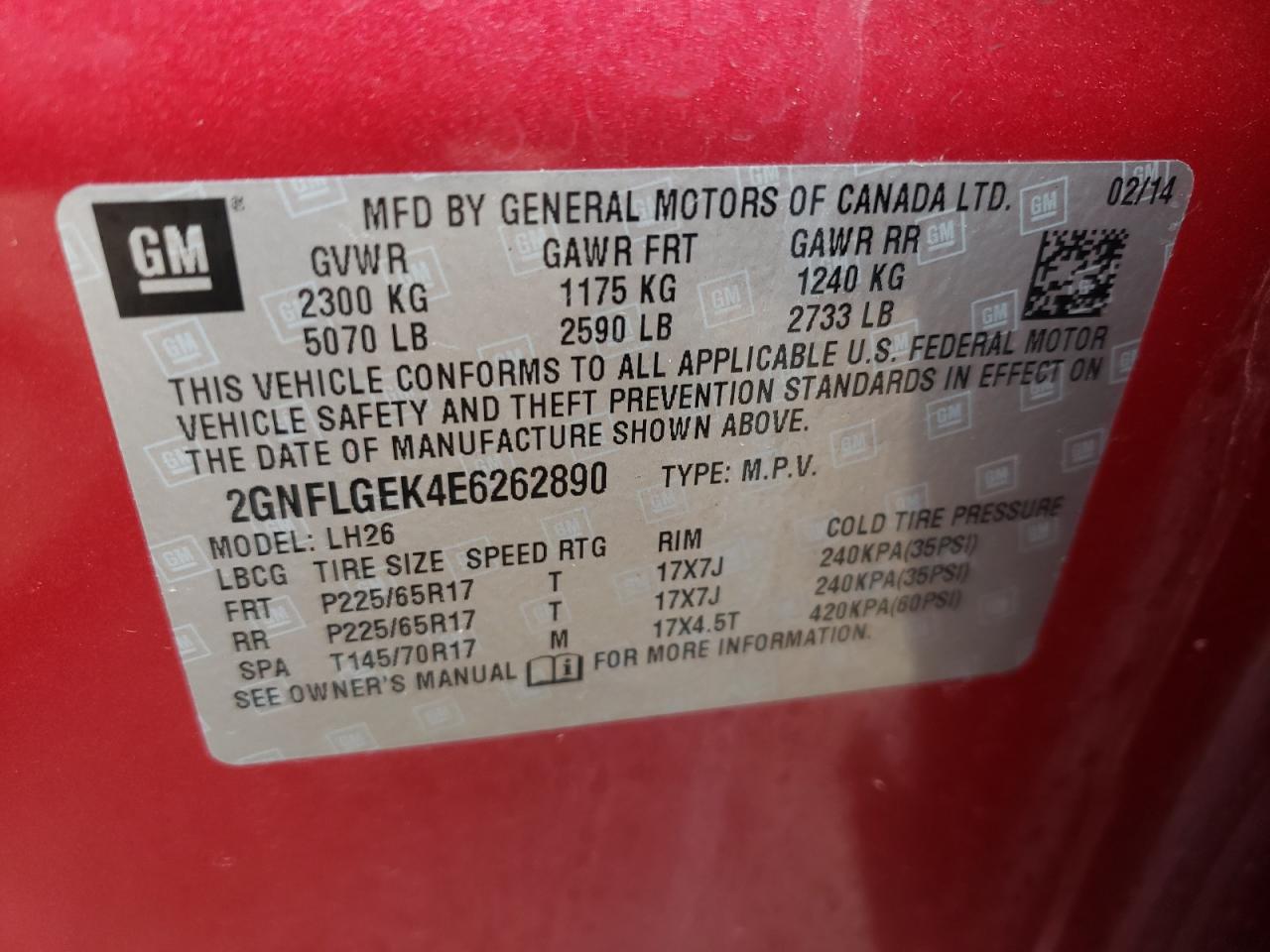 Photo 10 from auction – 2014 CHEVROLET EQUINOX LT with VIN 2GNFLGEK4E6262890