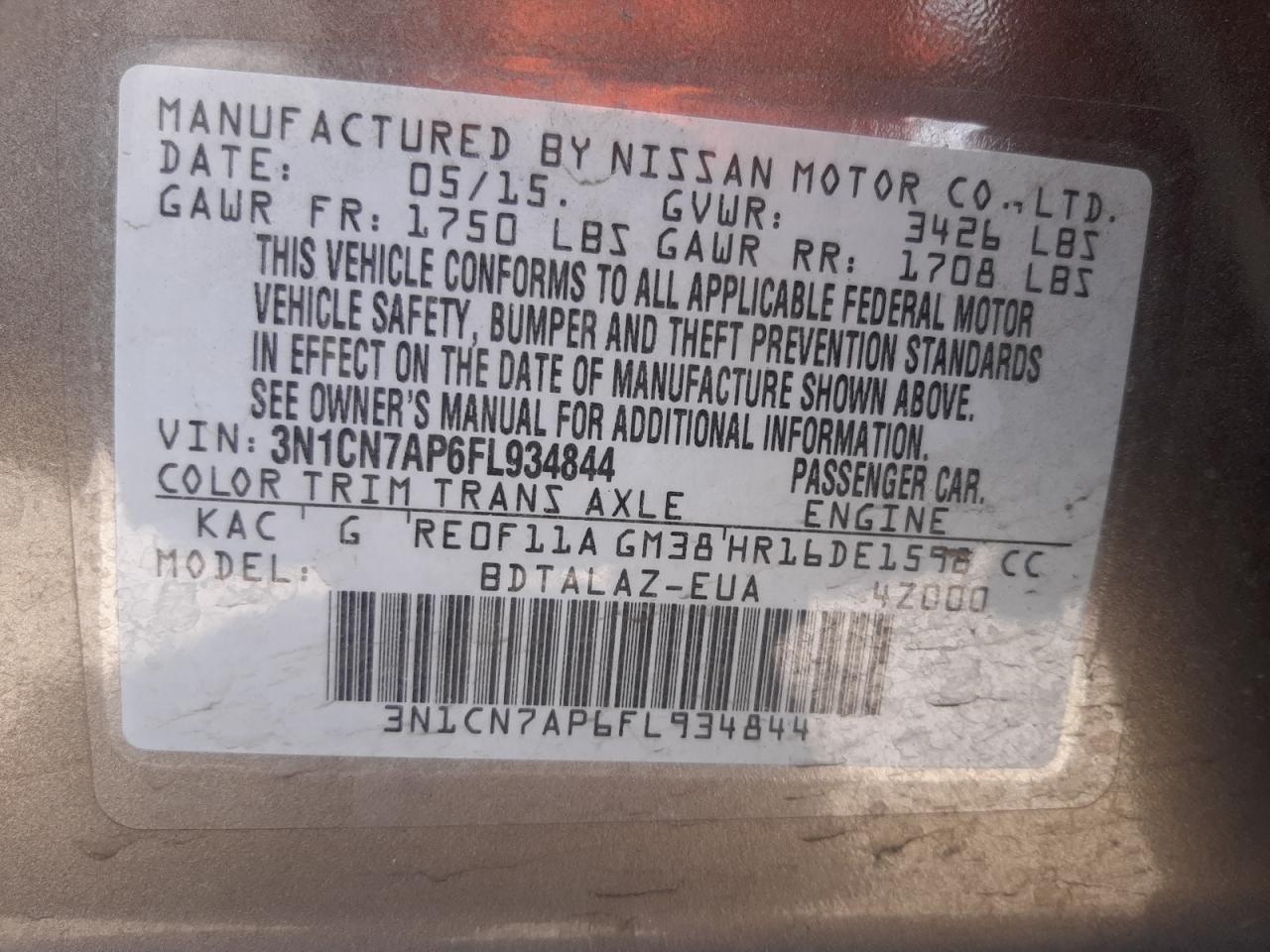 Photo 10 from auction – 2015 NISSAN VERSA S with VIN 3N1CN7AP6FL934844