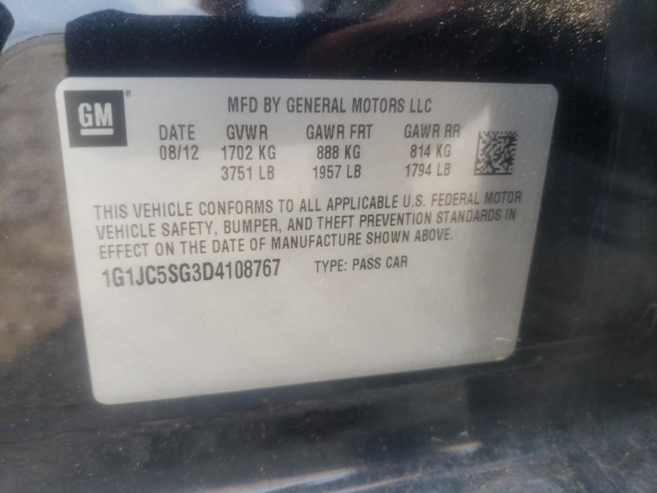 Photo 10 from auction – 2013 CHEVROLET SONIC LT with VIN 1G1JC5SG3D4108767