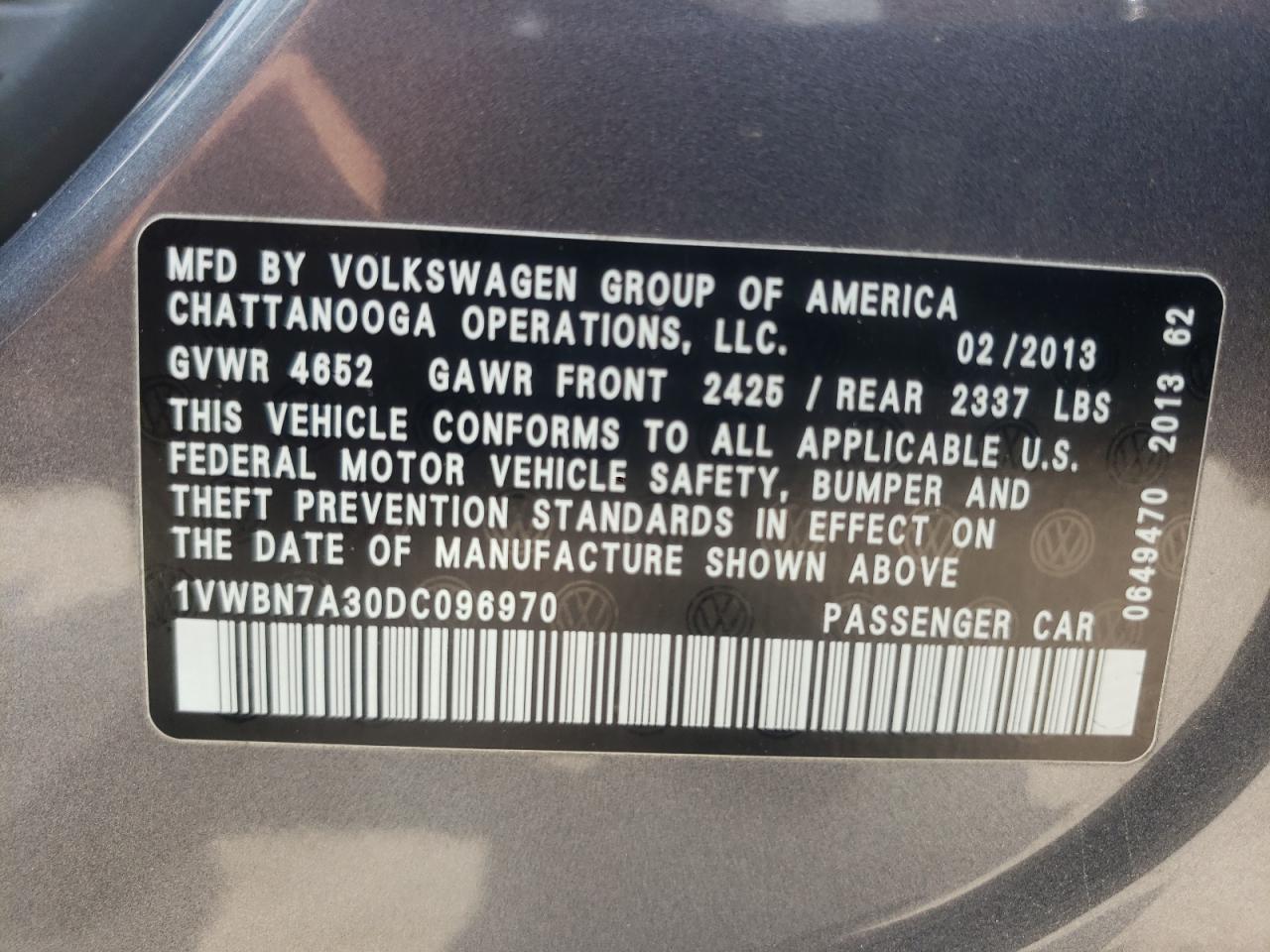Photo 10 from auction – 2013 VOLKSWAGEN PASSAT SE with VIN 1VWBN7A30DC096970