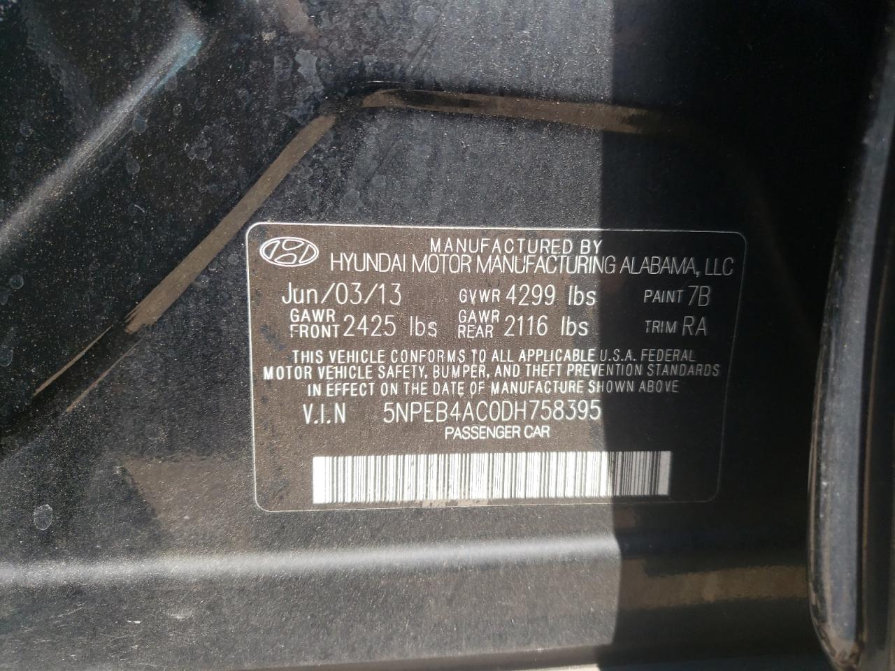 Photo 10 from auction – 2013 HYUNDAI SONATA GLS with VIN 5NPEB4AC0DH758395