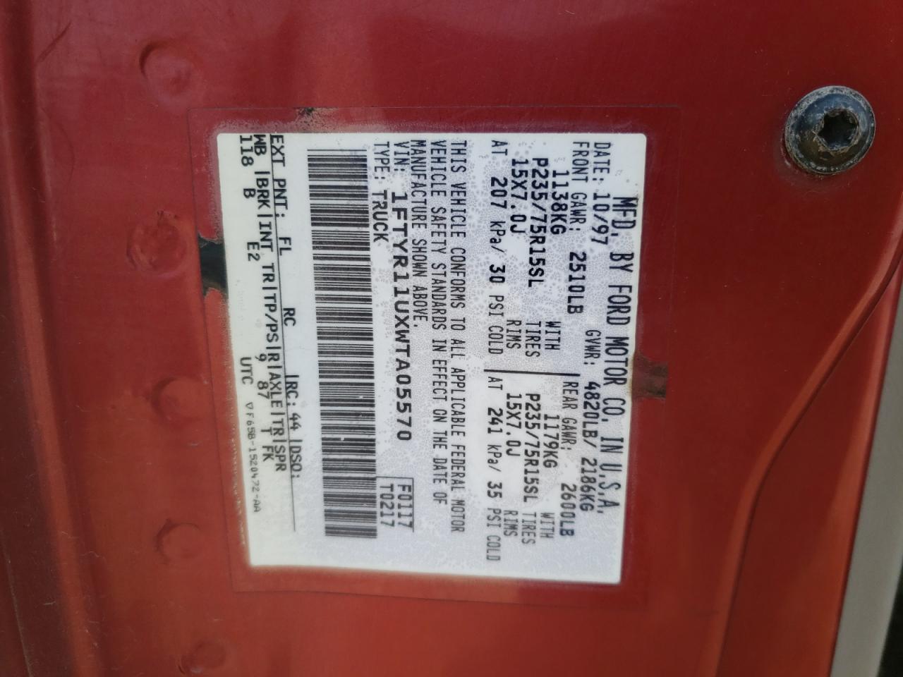 Photo 10 from auction – 1998 FORD RANGER with VIN 1FTYR11UXWTA05570