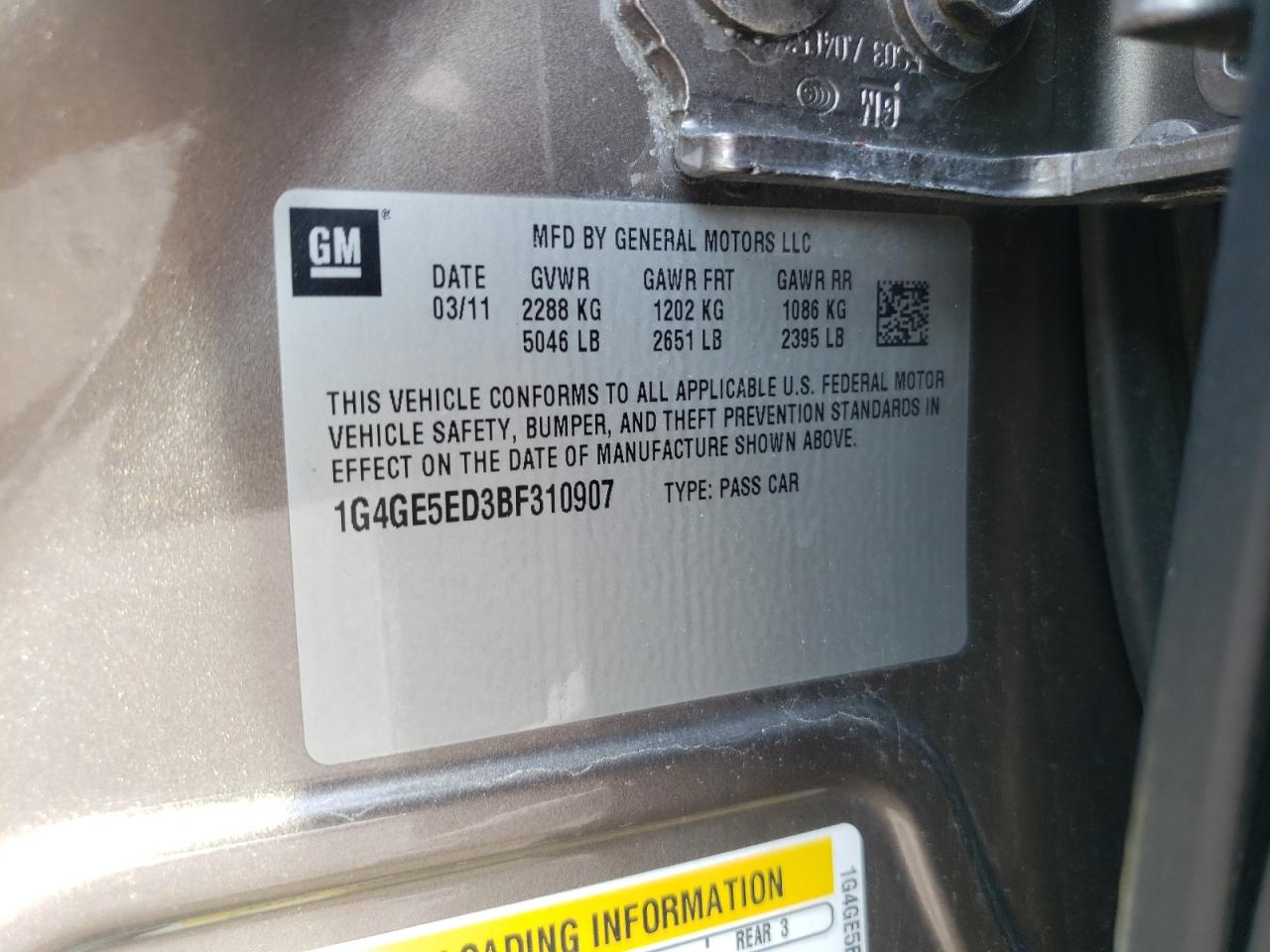Photo 10 from auction – 2011 BUICK LACROSSE C with VIN 1G4GE5ED3BF310907