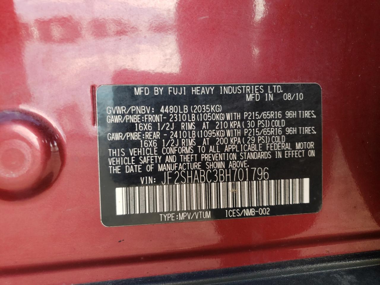 Photo 10 from auction – 2011 SUBARU FORESTER 2 with VIN JF2SHABC3BH701796