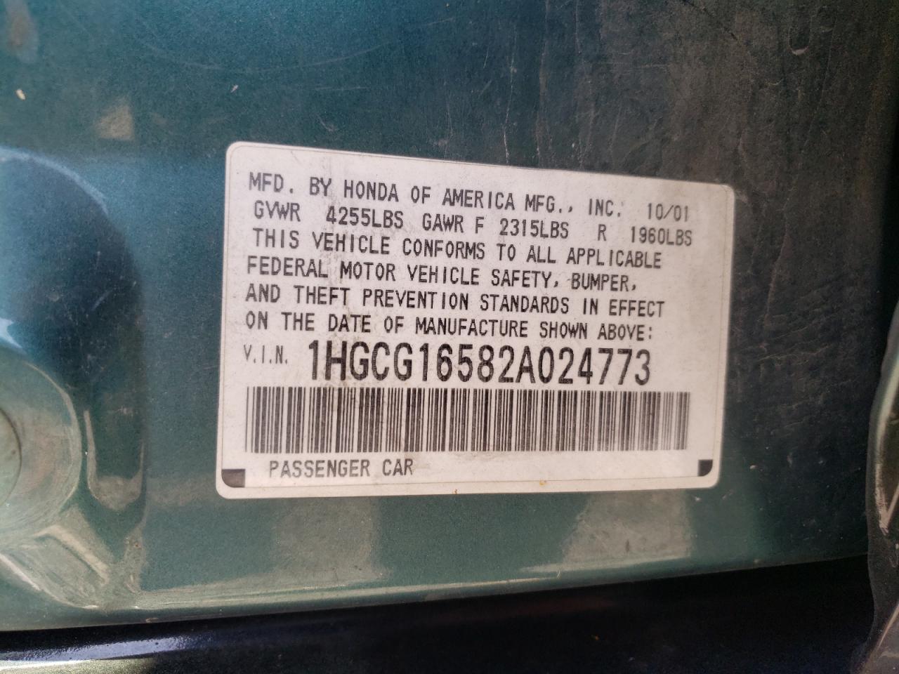 Photo 10 from auction – 2002 HONDA ACCORD EX with VIN 1HGCG16582A024773