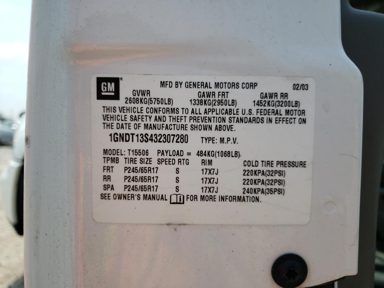 Photo 10 from auction – 2003 CHEVROLET TRAILBLAZE with VIN 1GNDT13S432307280