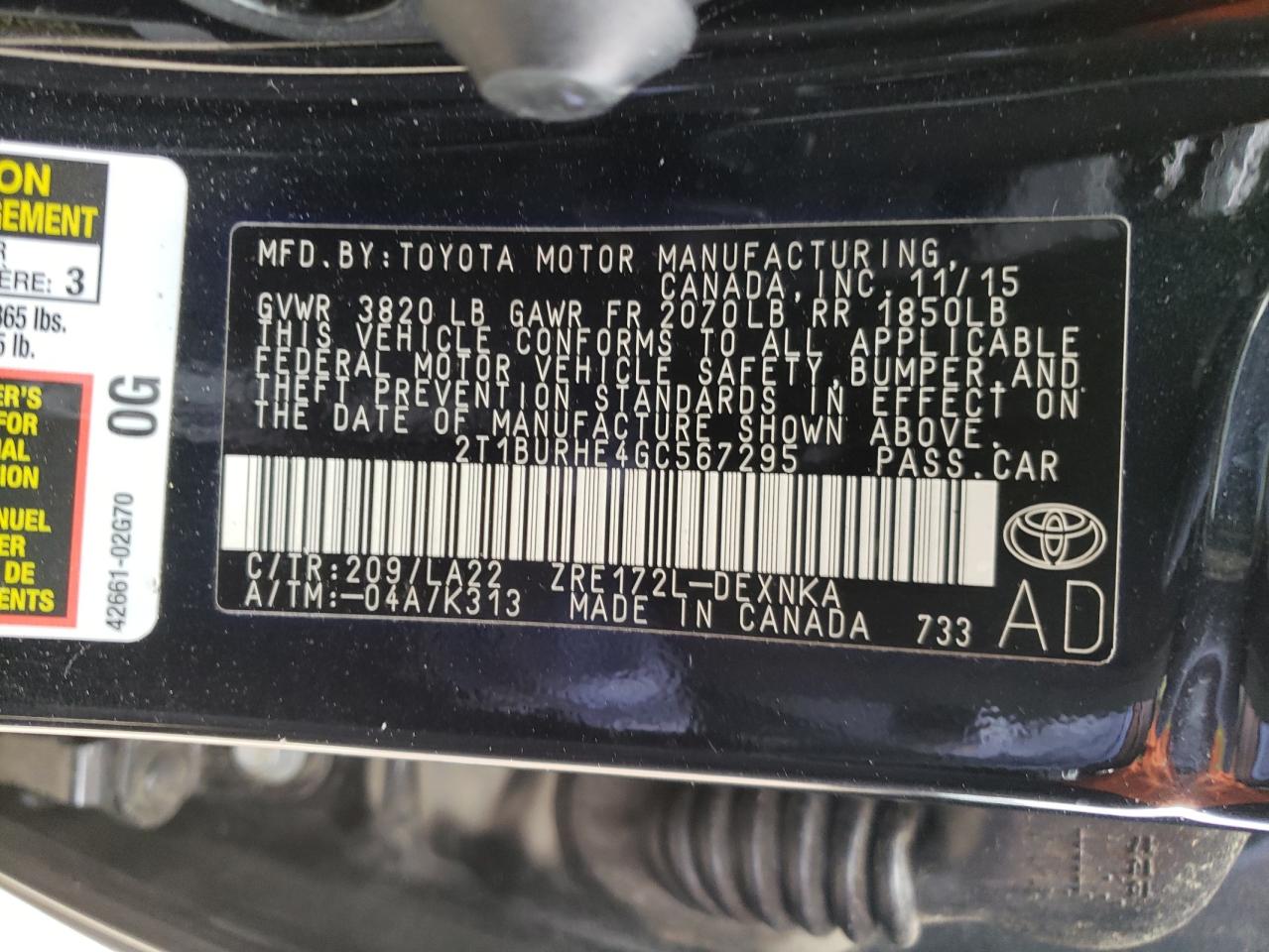 Photo 10 from auction – 2016 TOYOTA COROLLA L with VIN 2T1BURHE4GC567295