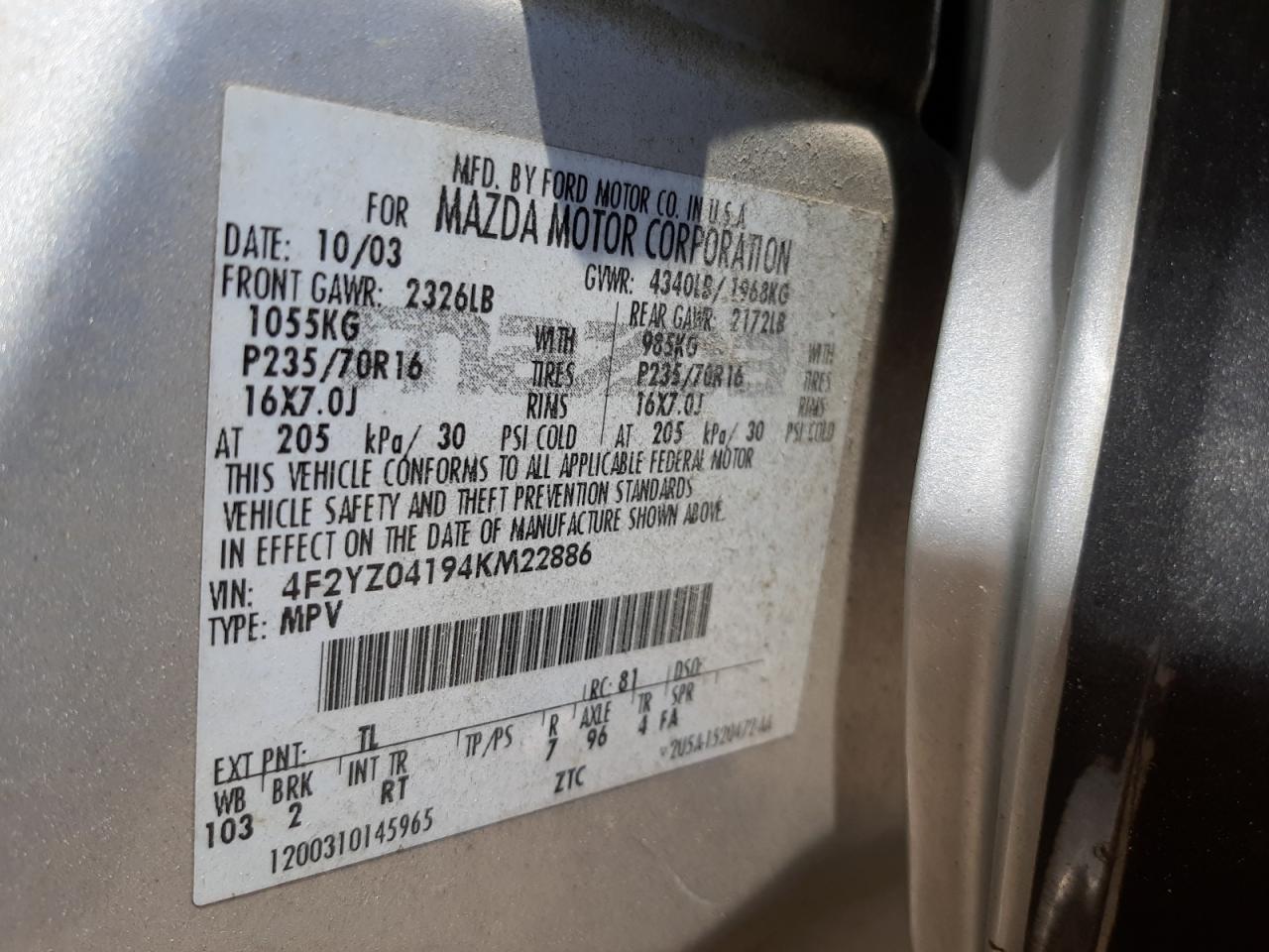 Photo 10 from auction – 2004 MAZDA TRIBUTE LX with VIN 4F2YZ04194KM22886