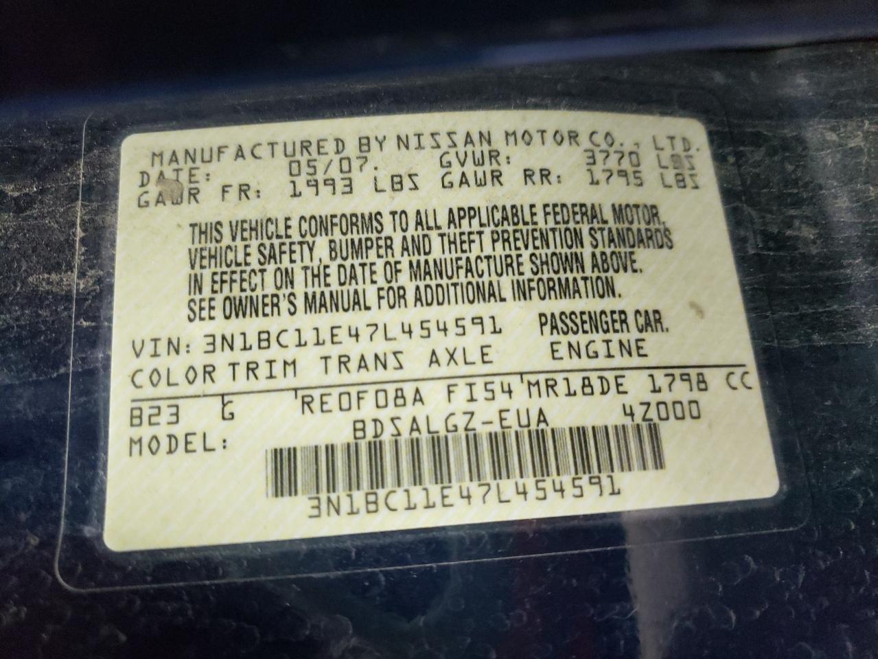 Photo 10 from auction – 2007 NISSAN VERSA S with VIN 3N1BC11E47L454591