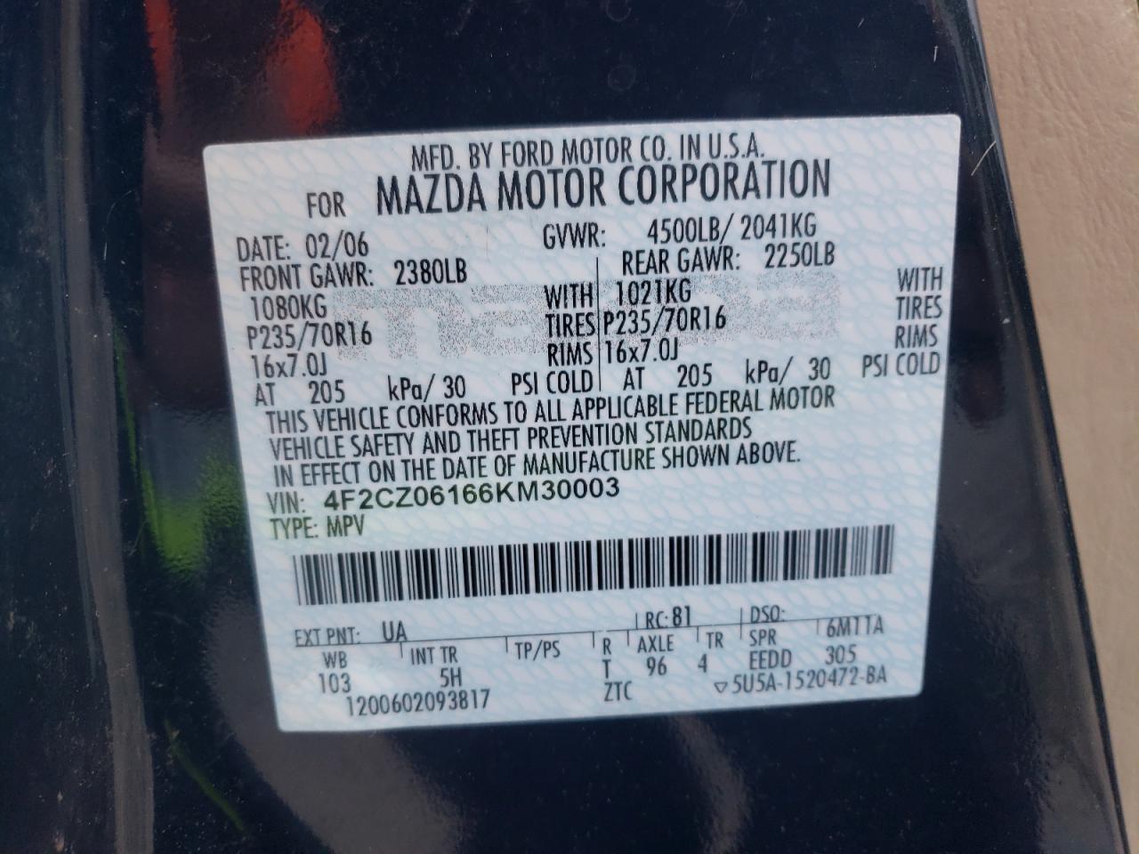 Photo 10 from auction – 2006 MAZDA TRIBUTE S with VIN 4F2CZ06166KM30003