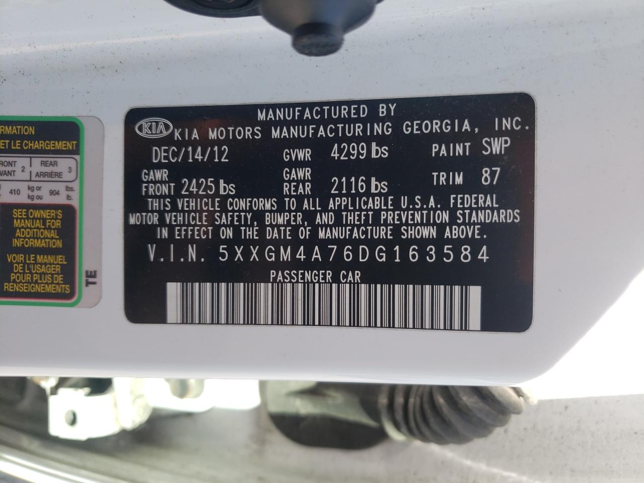 Photo 10 from auction – 2013 KIA OPTIMA LX with VIN 5XXGM4A76DG163584