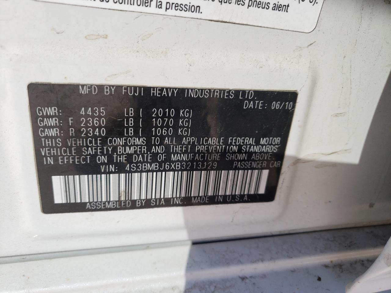 Photo 10 from auction – 2011 SUBARU LEGACY 2.5 with VIN 4S3BMBJ6XB3213129