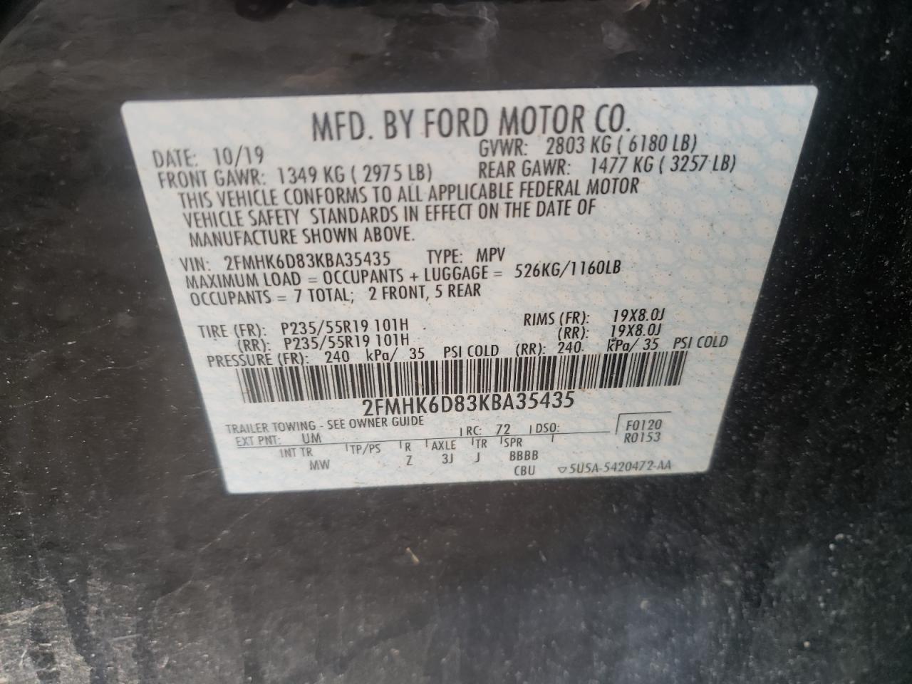 Photo 10 from auction – 2019 FORD FLEX LIMIT with VIN 2FMHK6D83KBA35435