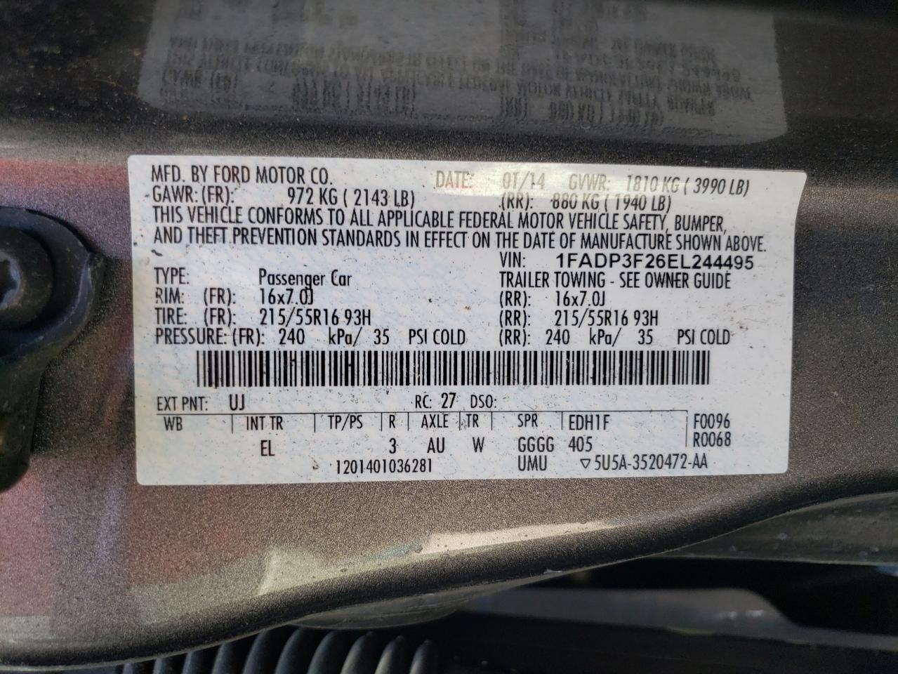 Photo 10 from auction – 2014 FORD FOCUS SE with VIN 1FADP3F26EL244495