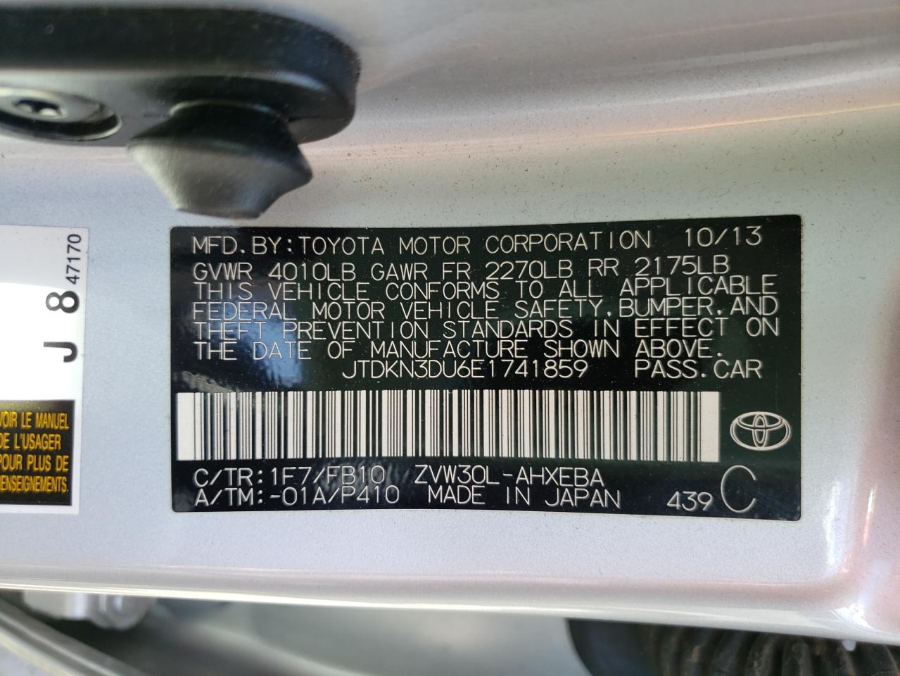 Photo 10 from auction – 2014 TOYOTA PRIUS with VIN JTDKN3DU6E1741859