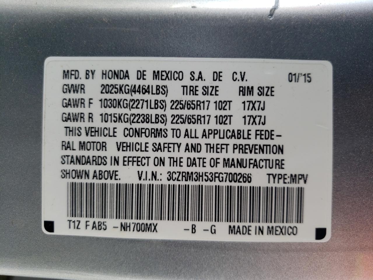 Photo 10 from auction – 2015 HONDA CR-V EX with VIN 3CZRM3H53FG700266