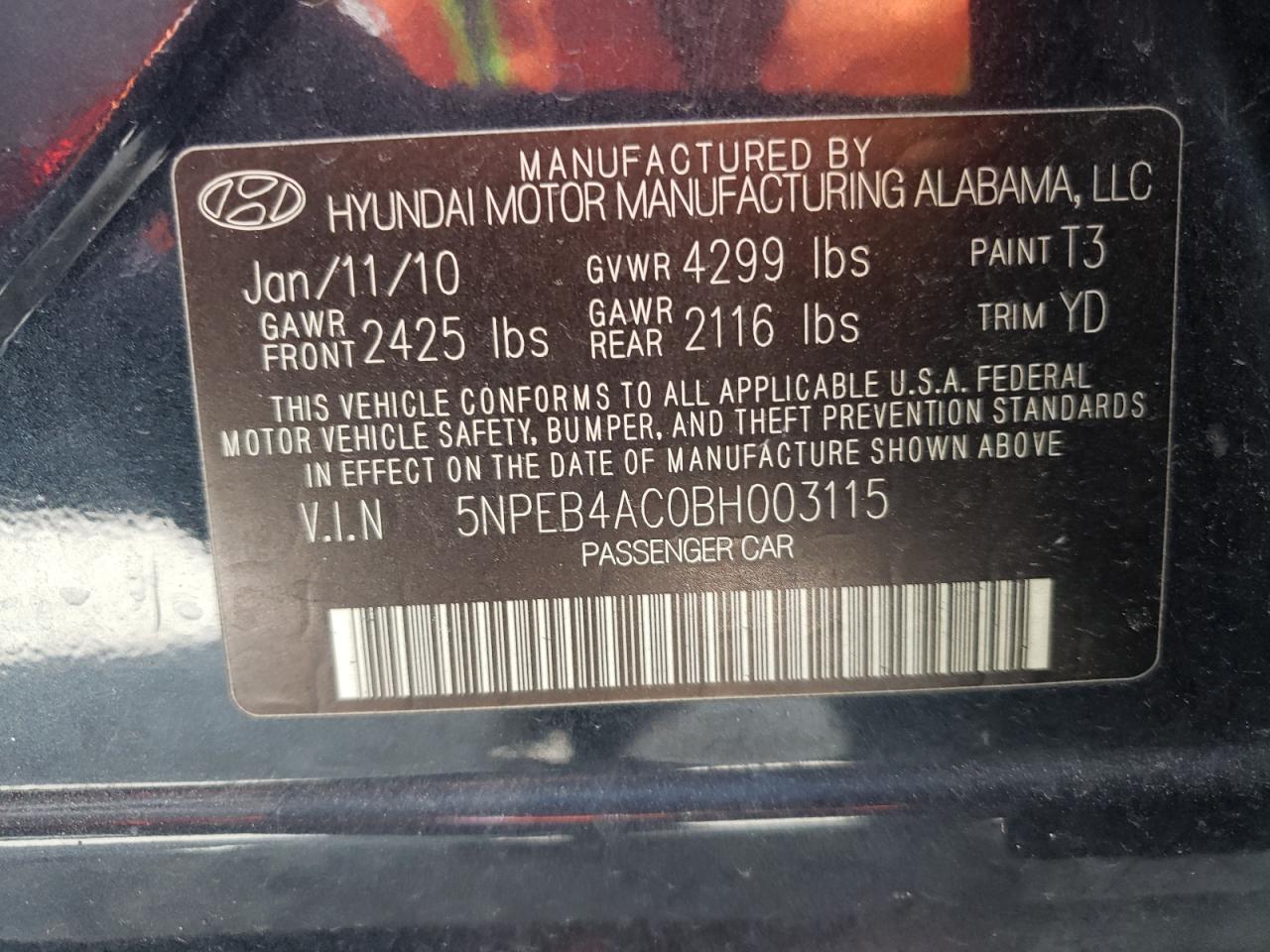 Photo 10 from auction – 2011 HYUNDAI SONATA GLS with VIN 5NPEB4AC0BH003115