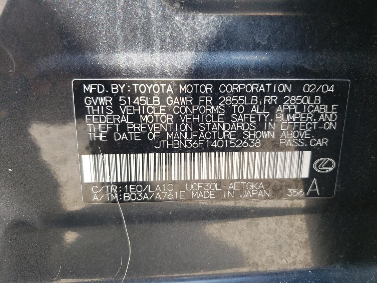 Photo 10 from auction – 2004 LEXUS LS 430 with VIN JTHBN36F140152638