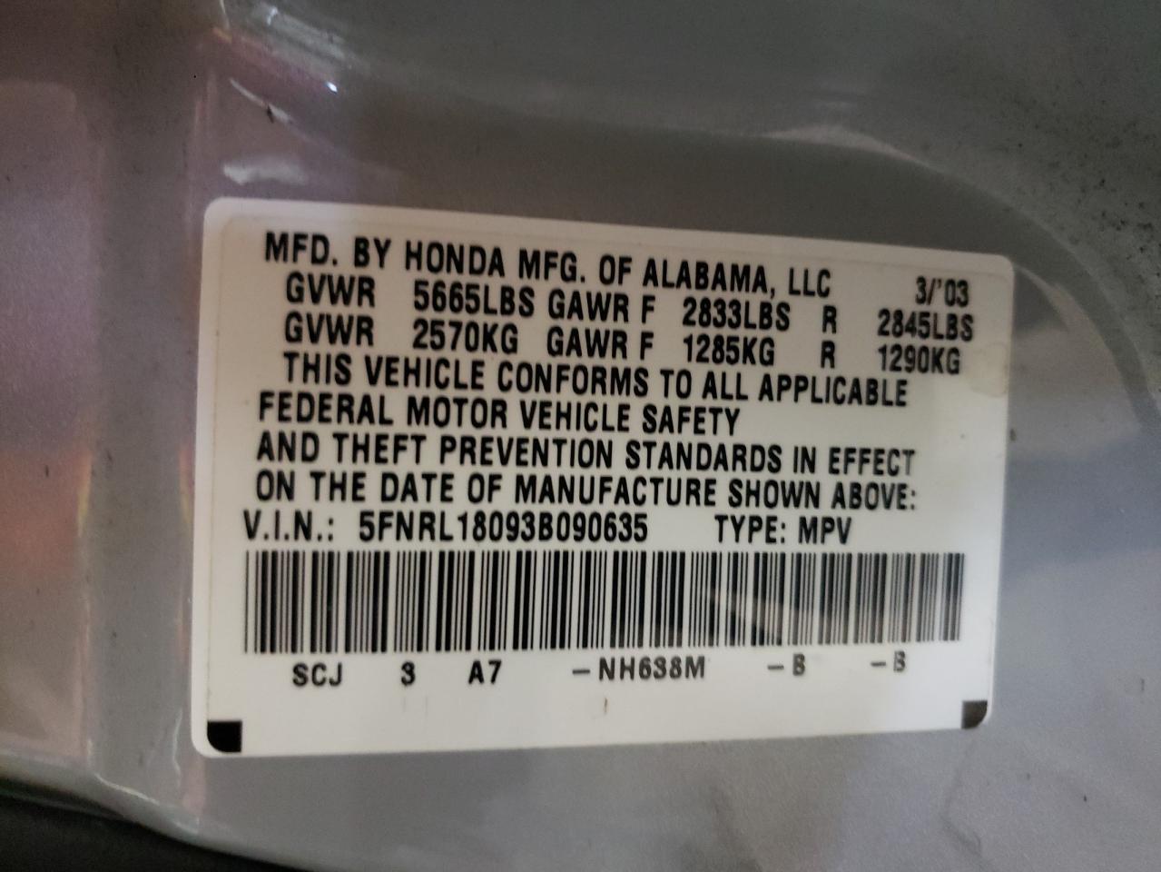 Photo 10 from auction – 2003 HONDA ODYSSEY EX with VIN 5FNRL18093B090635