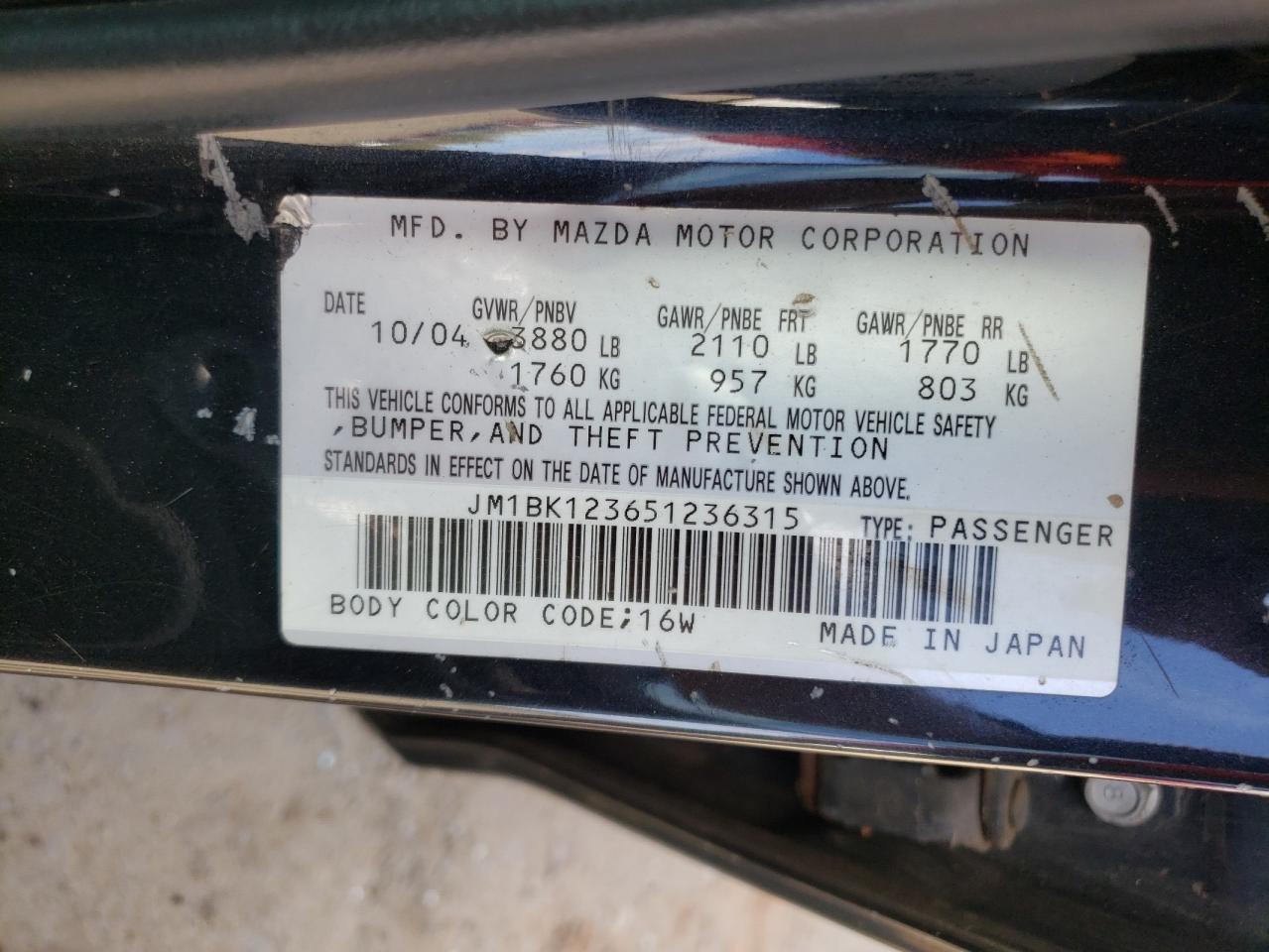 Photo 10 from auction – 2005 MAZDA 3 S with VIN JM1BK123651236315
