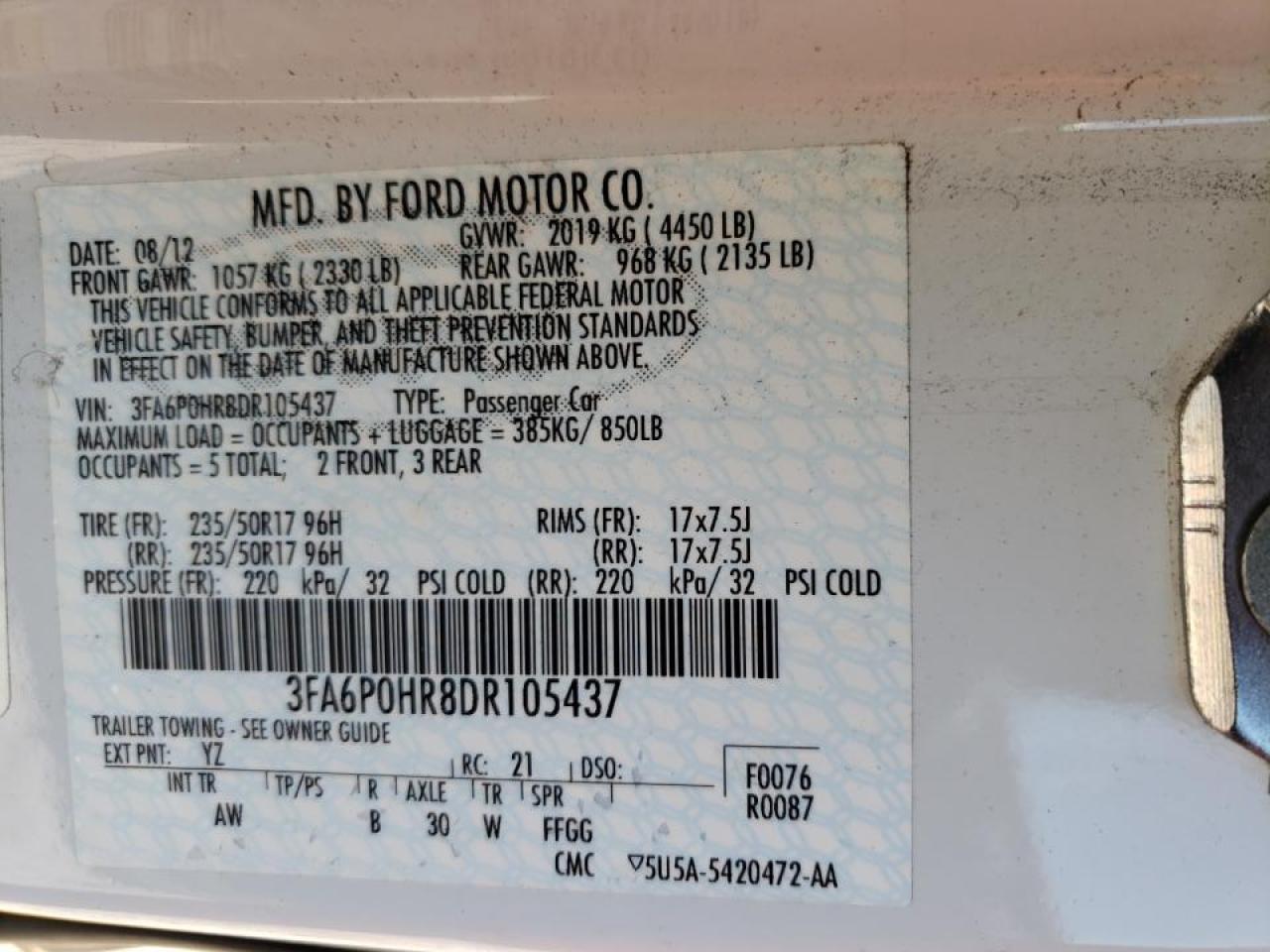 Photo 10 from auction – 2013 FORD FUSION SE with VIN 3FA6P0HR8DR105437