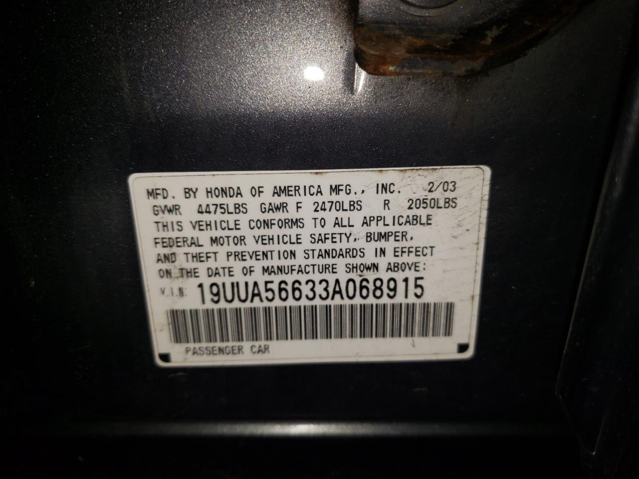 Photo 10 from auction – 2003 ACURA 3.2TL with VIN 19UUA56633A068915