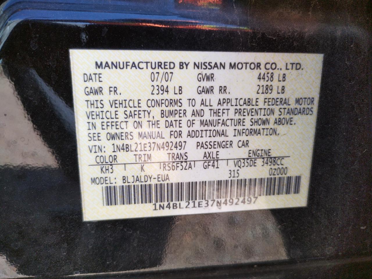 Photo 10 from auction – 2007 NISSAN ALTIMA 3.5 with VIN 1N4BL21E37N492497